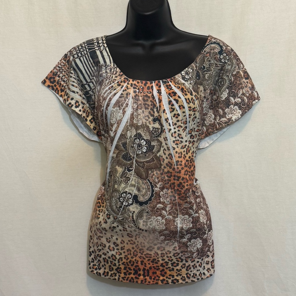 G-84 Jane Ashley PLUS SIZE 1X Cream & Brown Animal‎ Print Sequin Detail Blouse